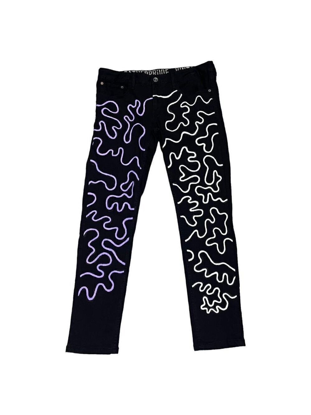 Custom Painted Haring Design Black Denim Streetwear Art Jeans - Mens 36 x 31
